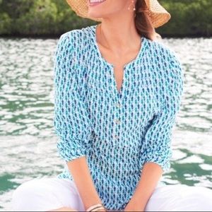 Talbots Blue Teal White Seahorse Blouse Tunic Top Pintuck women’s Plus 3x